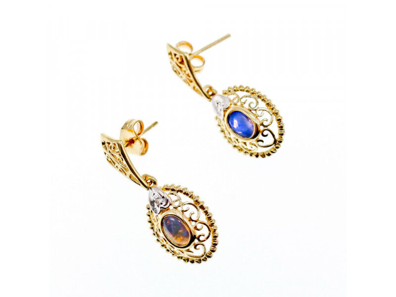 14K YELLOW GOLD MOONSTONE & DIAMONDS EARRINGS