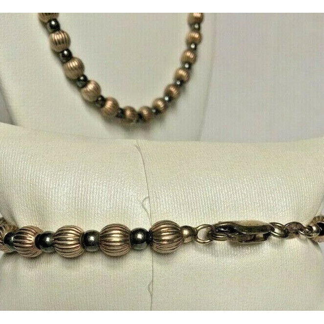 ITALIAN 925 STERLING SILVER RIBBED & PLAIN BEADS BRACELET & NECKLACE SKY