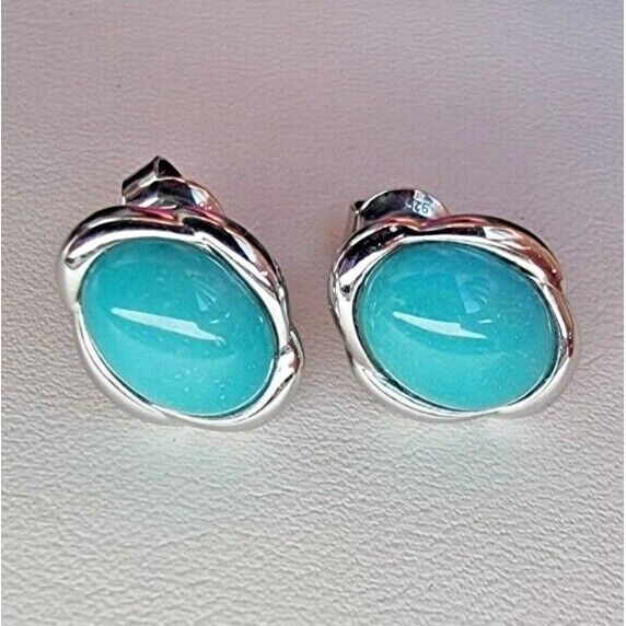 VINTAGE 925 STERLING SILVER NATURAL CABOCHON 10x8 mm. TURQUOISE STUD EARRINGS AT