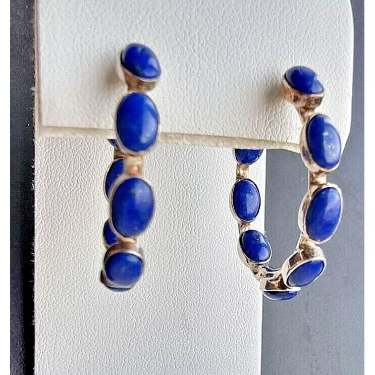 STYLISH 925 STERLING SILVER NATURAL LAPIS LAZULI HOOP EARRINGS AT