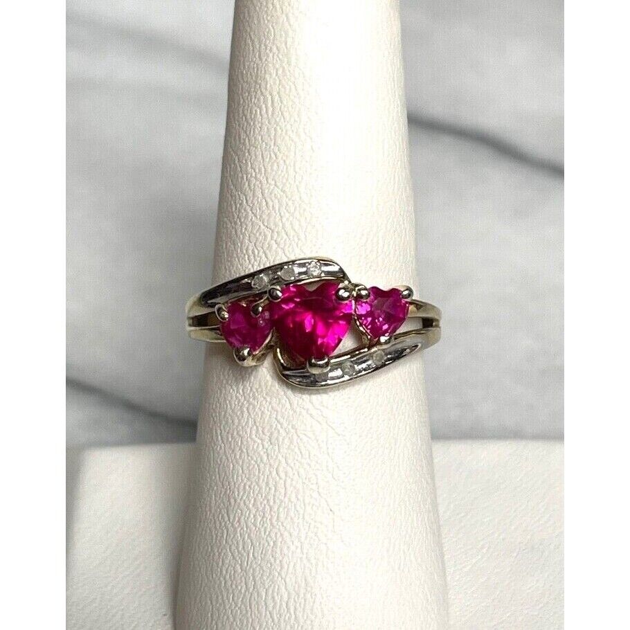 925 STERLING SILVER LAB-CREATED RUBY AND NATURAL DIAMONS RING SIZE 7 SKY