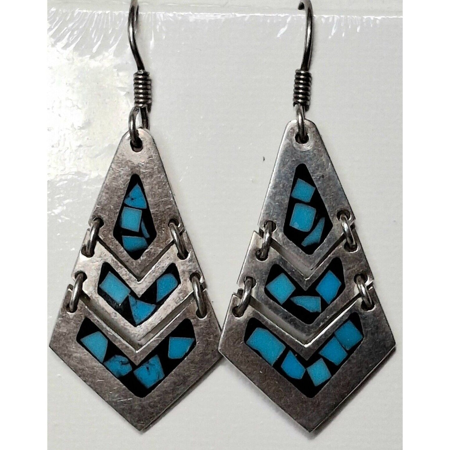 TAXCO 925 STERLING SILVER TURQUOISE INLAID SECTIONAL DANGLE EARRINGS SKY