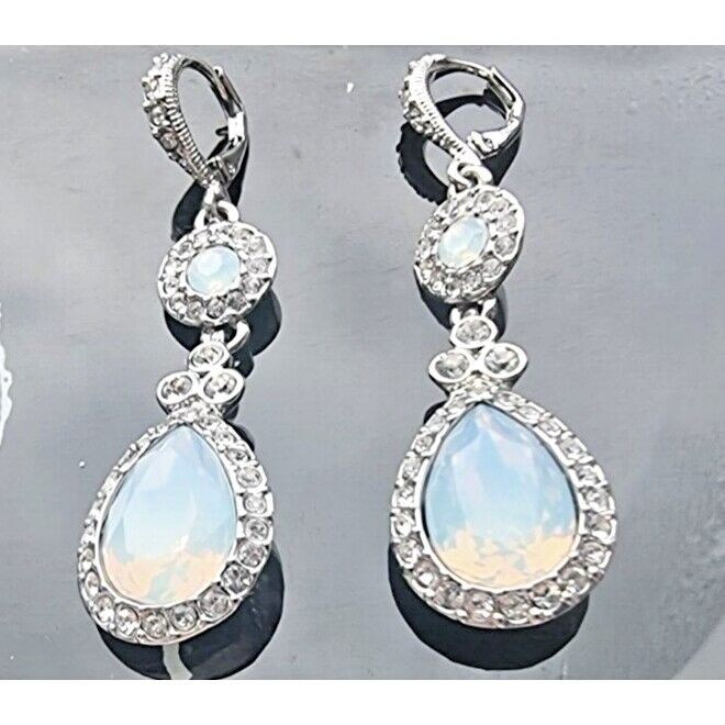 GIVENCHY 925 STERLING SILVER Rainbow  MOONSTONE TEAR DROP EARRINGS AT