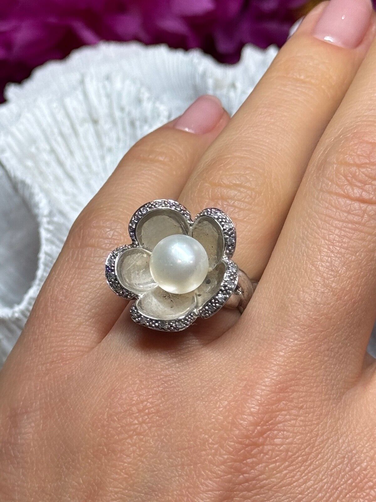 925 STERLING SILVER PEARL & WHITE SAPPHIRE FLOWER RING SIZE 5.5