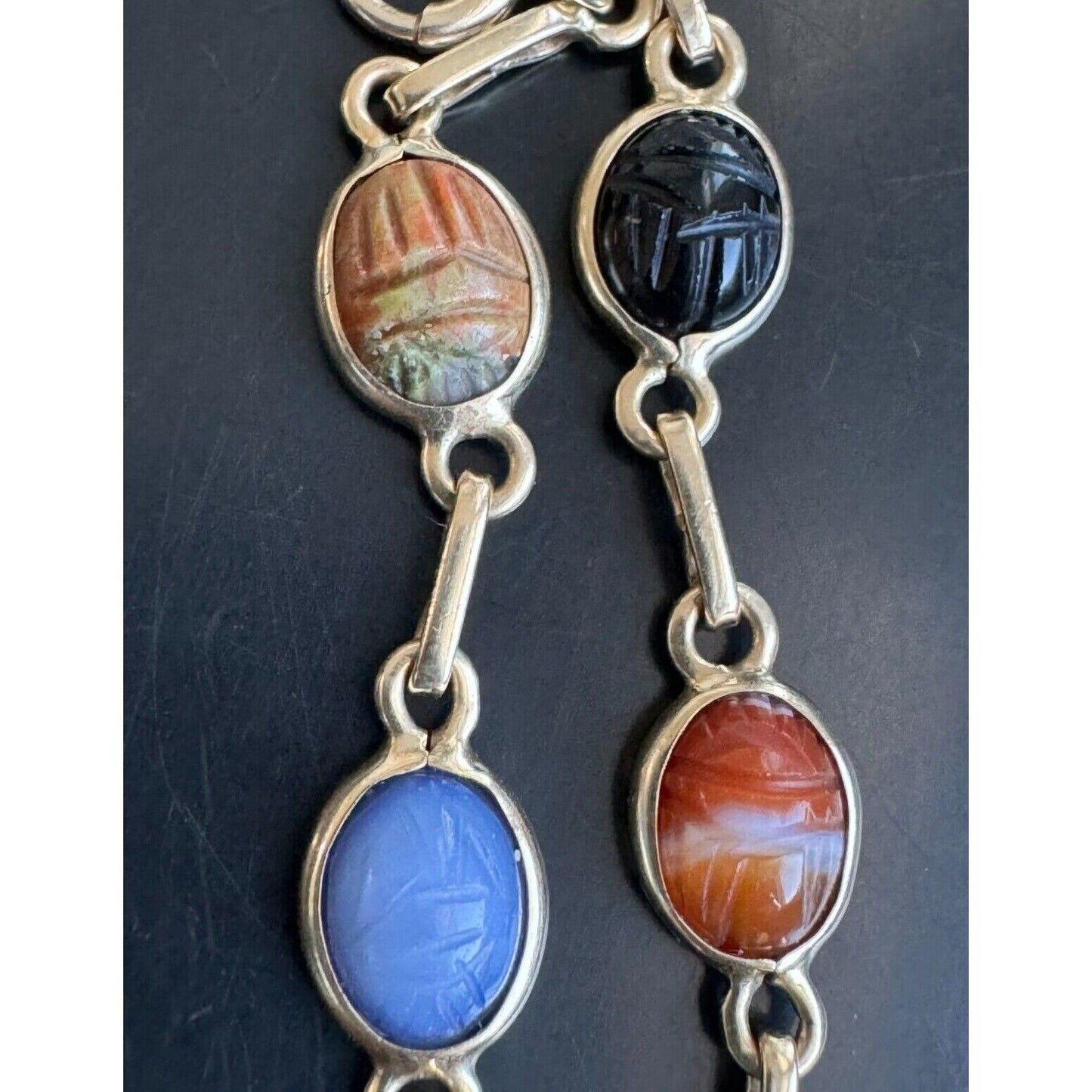 14K YELLOW GOLD AND CARVED GEMSTONE SCARABS BRACELET SKY