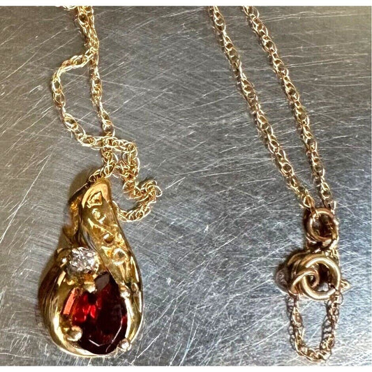 10K/14K YELLOW GOLD  GARNET AND DIAMOND PENDANT NECKLACE SKY