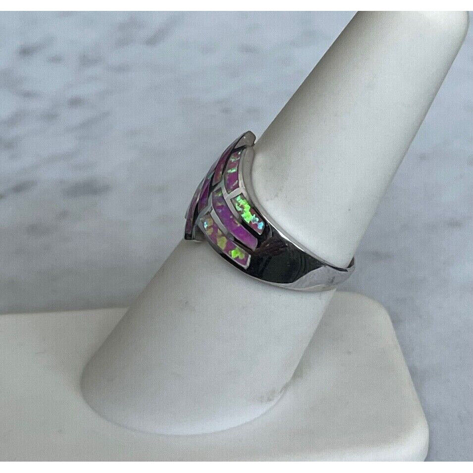 925 STERLING SILVER FAUX OPAL INLAID BAND RING SIZE 7 SKY