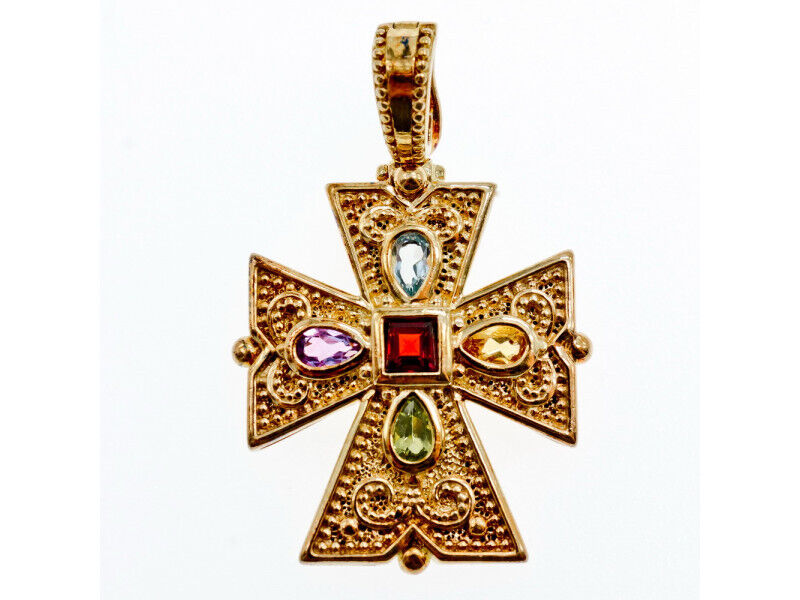 925 STERLING SILVER GOLD PLATED MULTI GEMSTONES CROSS PENDANT