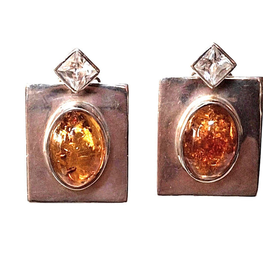 925 STERLING SILVER AND AMBER  CLIP-ON EARRINGS SKY