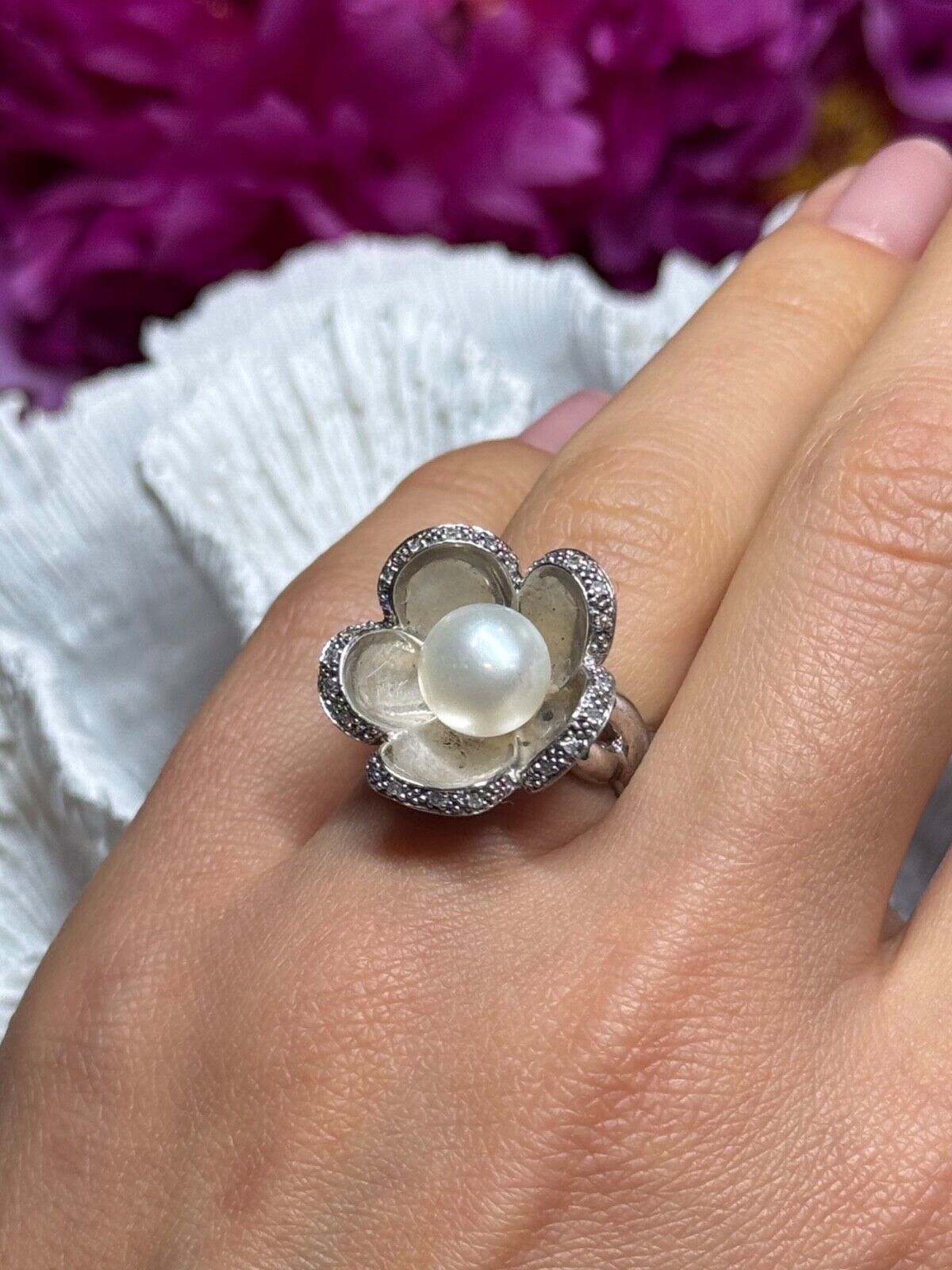 925 STERLING SILVER PEARL & WHITE SAPPHIRE FLOWER RING SIZE 5.5