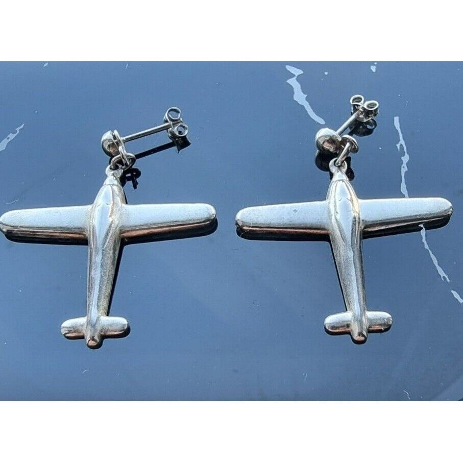 VINTAGE 925 STERLING SILVER AIRPLANE DESIGN EARRINGS AT