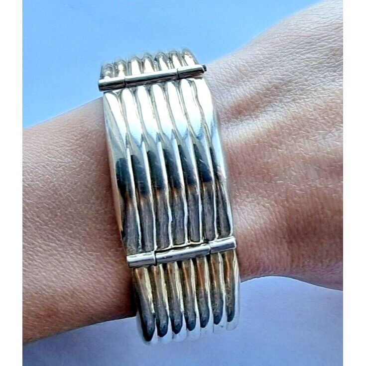 MEXICO 925 STERLING SILVER RIBBED DOME HINCE CHAIN BRACELET 83.5 gram AT