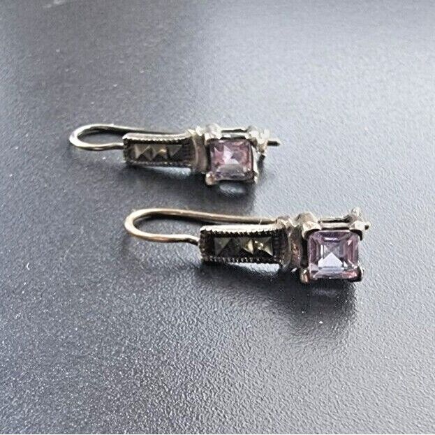 925 STERLING SILVER AMETHYST AND MARCASITES EARRINGS AT