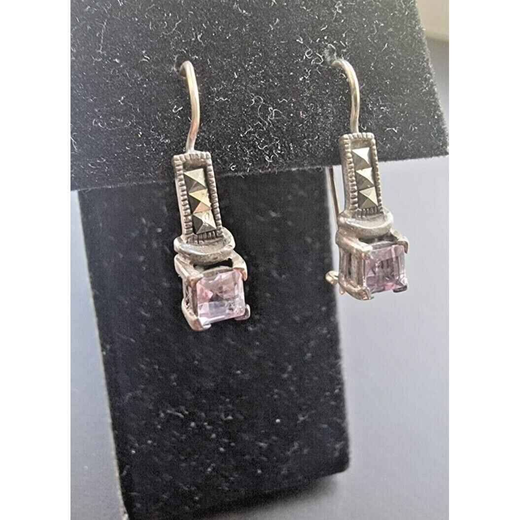 925 STERLING SILVER AMETHYST AND MARCASITES EARRINGS AT