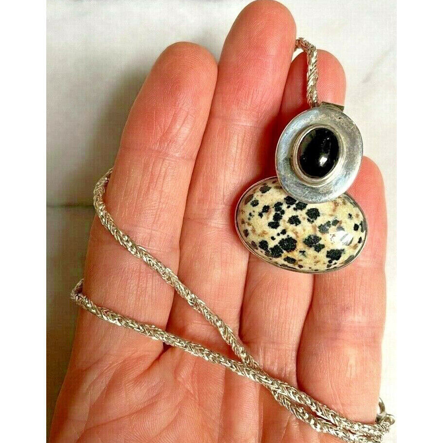 925 STERLING SILVER LEOPARD JASPER & ONYX  PENDANT NECKLACE SKY