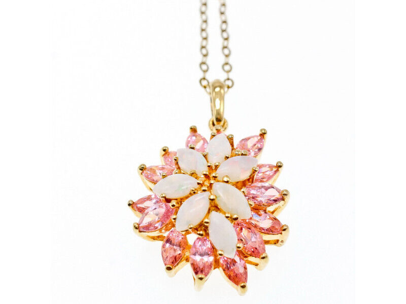 925 STERLING SILVER GOLD PLATED OPAL & MORGANITE CHAIN WITH PENDANT