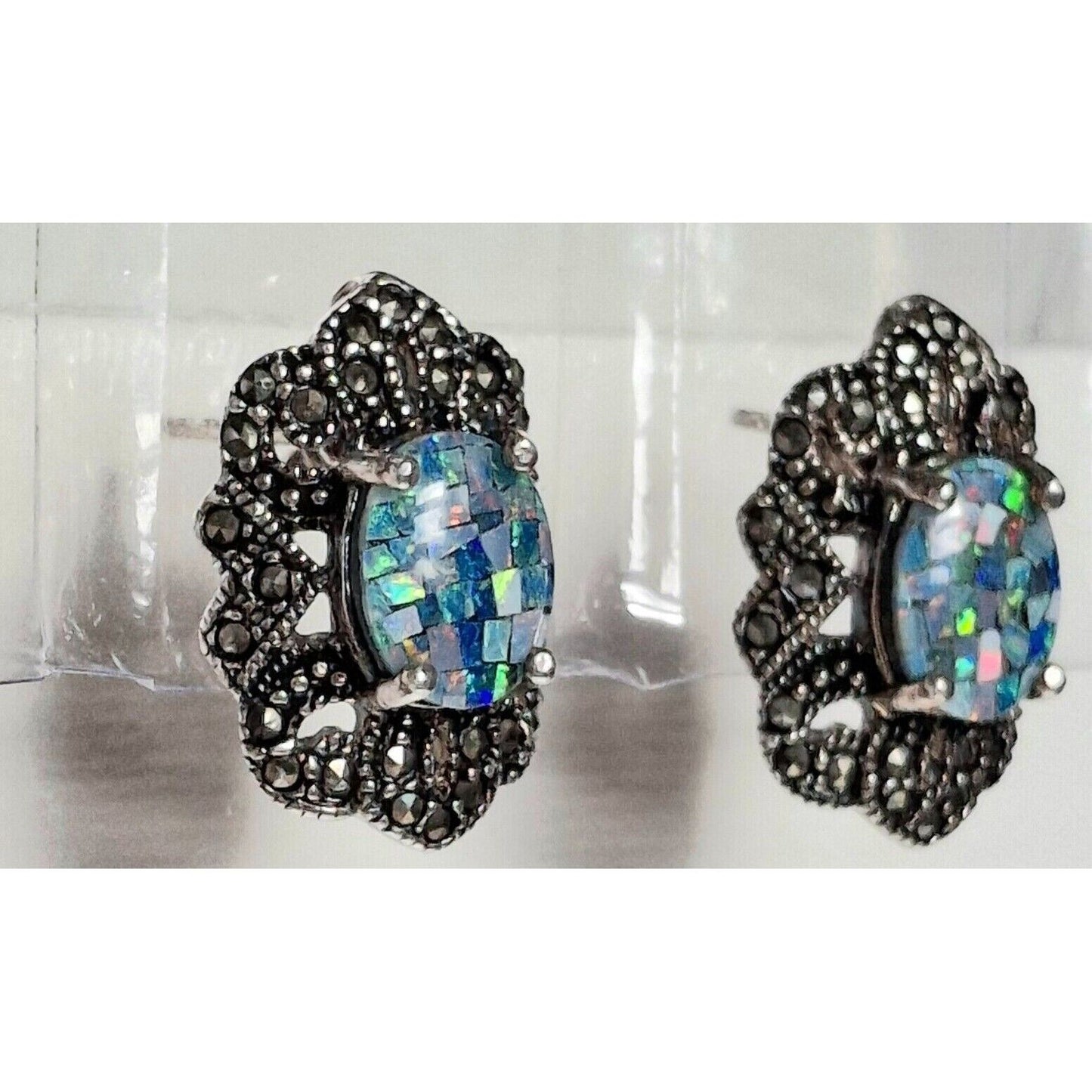 925 STERLING SILVER  MOTHER OPAL MOZAIC AND MARCASITES EARRINGS SKY