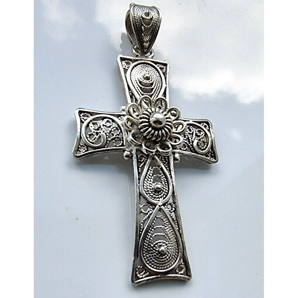 925 STERLING SILVER FILIGREE CROSS FLOWER CROSS  PENDANT AT