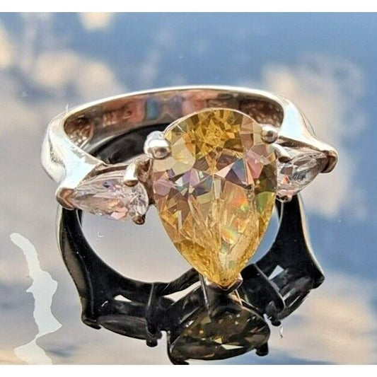 925 STERLING SILVER PEAR SHAPE SPARKLING CITRINE RING SIZE 7 AT