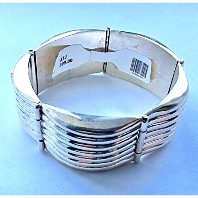 MEXICO 925 STERLING SILVER RIBBED DOME HINCE CHAIN BRACELET 83.5 gram AT