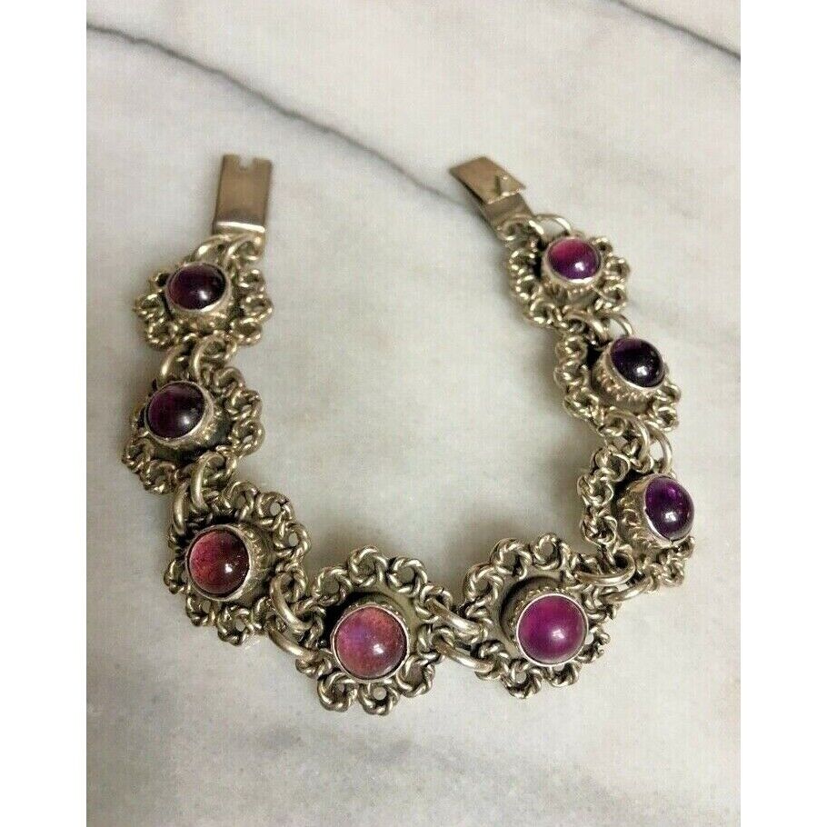 VINTAGE ORNATE 925 STERLING SILVER 15 CT AMETHYST BRACELET SKY