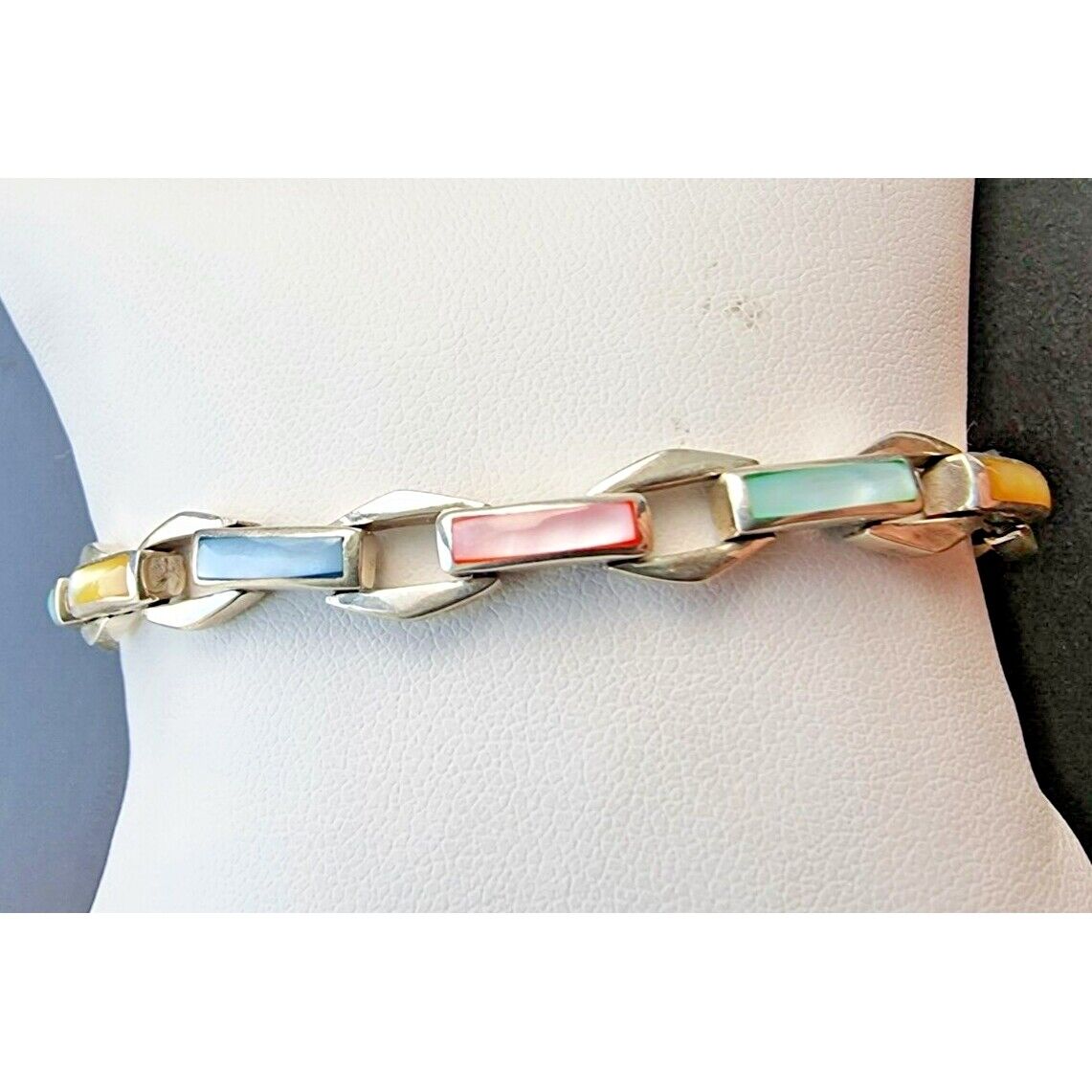 925 STERLING SILVER MULTICOLOR GEMSTONE INLAY BRACELET 7 INCH AT