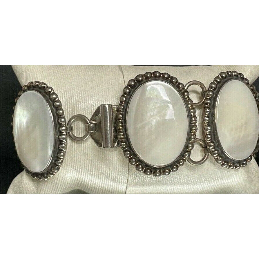 WIDE 925 STERLING SILVER MOTHER OF PEARL STATEMENT BRACELET SKY