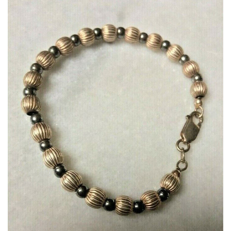 ITALIAN 925 STERLING SILVER RIBBED & PLAIN BEADS BRACELET & NECKLACE SKY