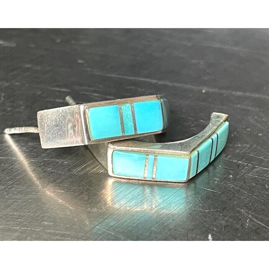 925 STERLING SILVER & TURQUOOSE SEMI HOOPS EARRINGS SKY