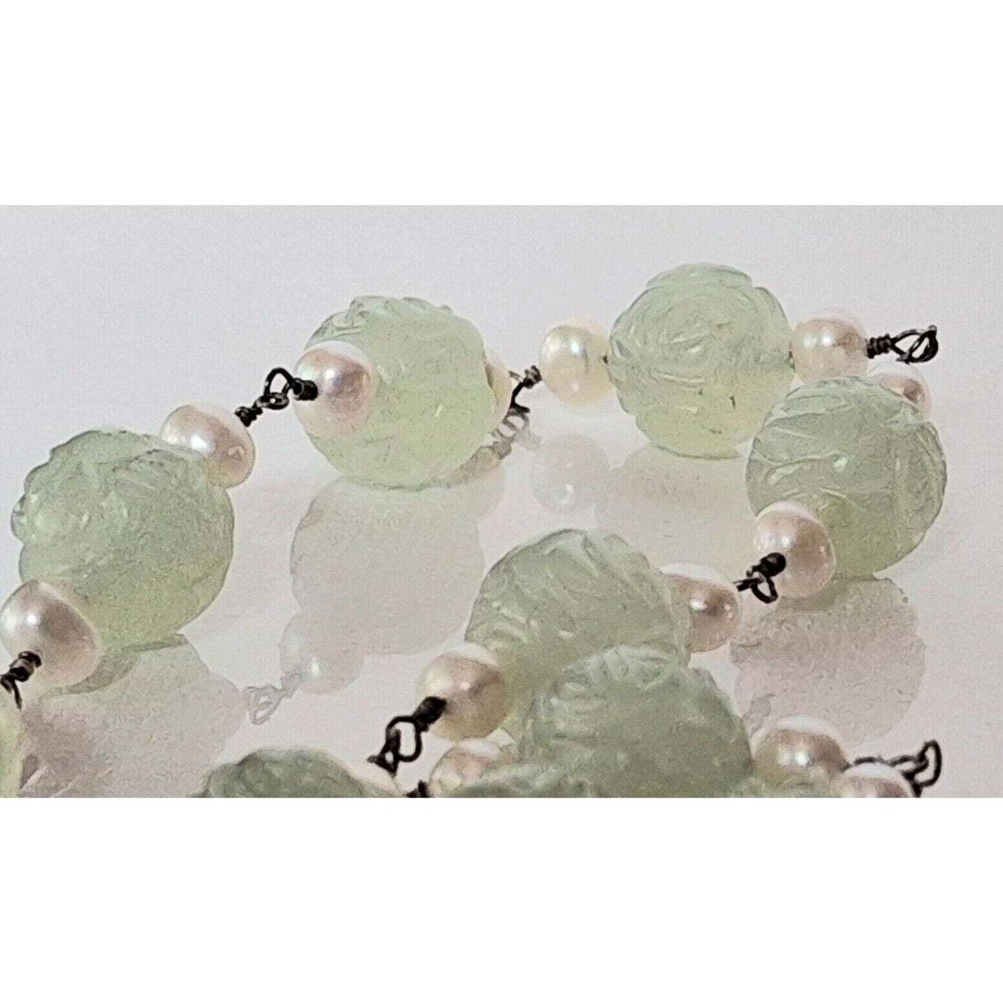 YUA-SAI 925 STERLING SILVER CURVED JADE  AND PEARLS  NECKLACE SKY