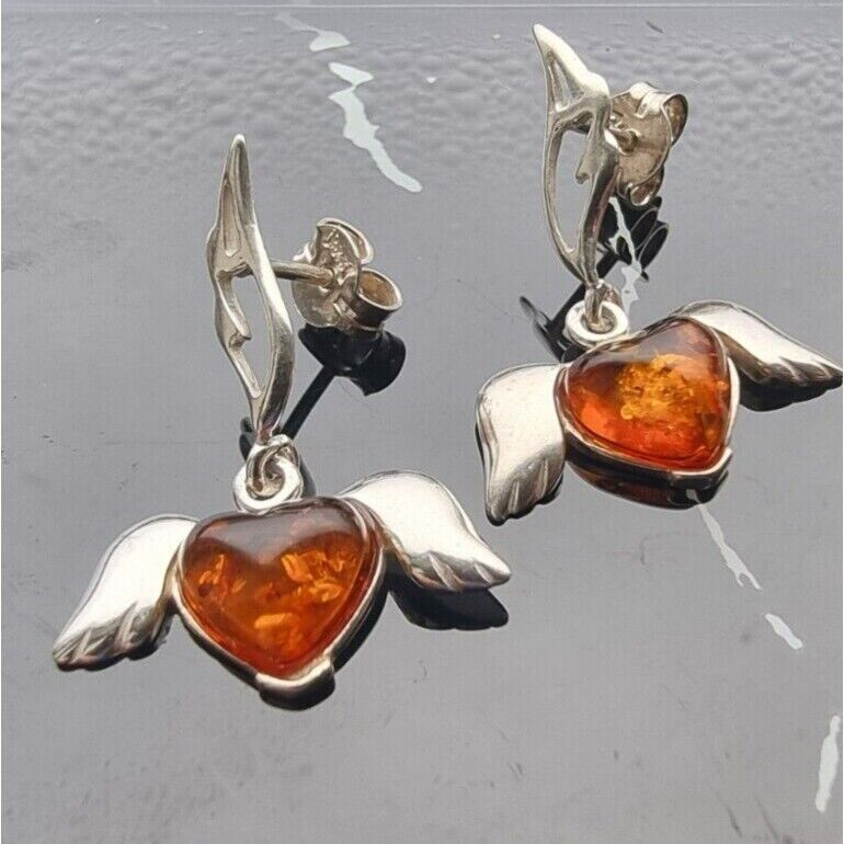 VINTAGE 925 STERLING SILVER HEART BALTIC AMBER, ANGEL WINGS DROP EARRINGS AT