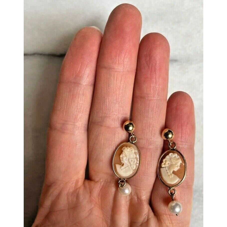 ELEGANT 14K YELLOW GOLD & PEARLS CAMEO EARRINGS SKY