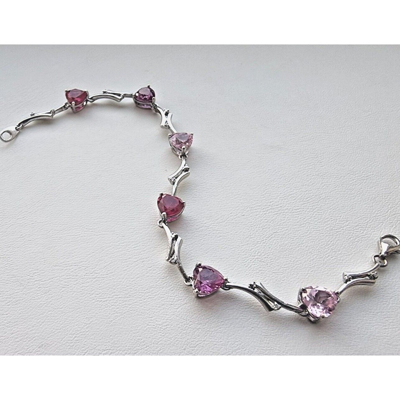 925 STERLING SILVER DIAMOND PINK TOURMALINE PINK SAPPHIRE RUBY HEART BRACELET AT