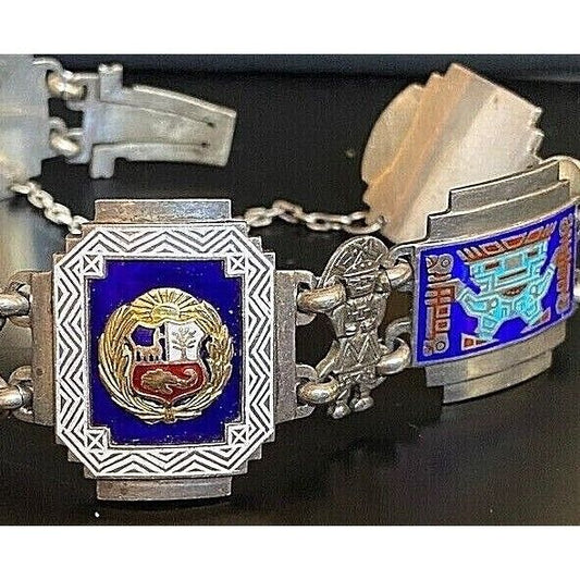 HEAVY PERU  925 STERLING SILVER,18K GOLD & ENAMEL INCA DESIGN BRACELET SKY