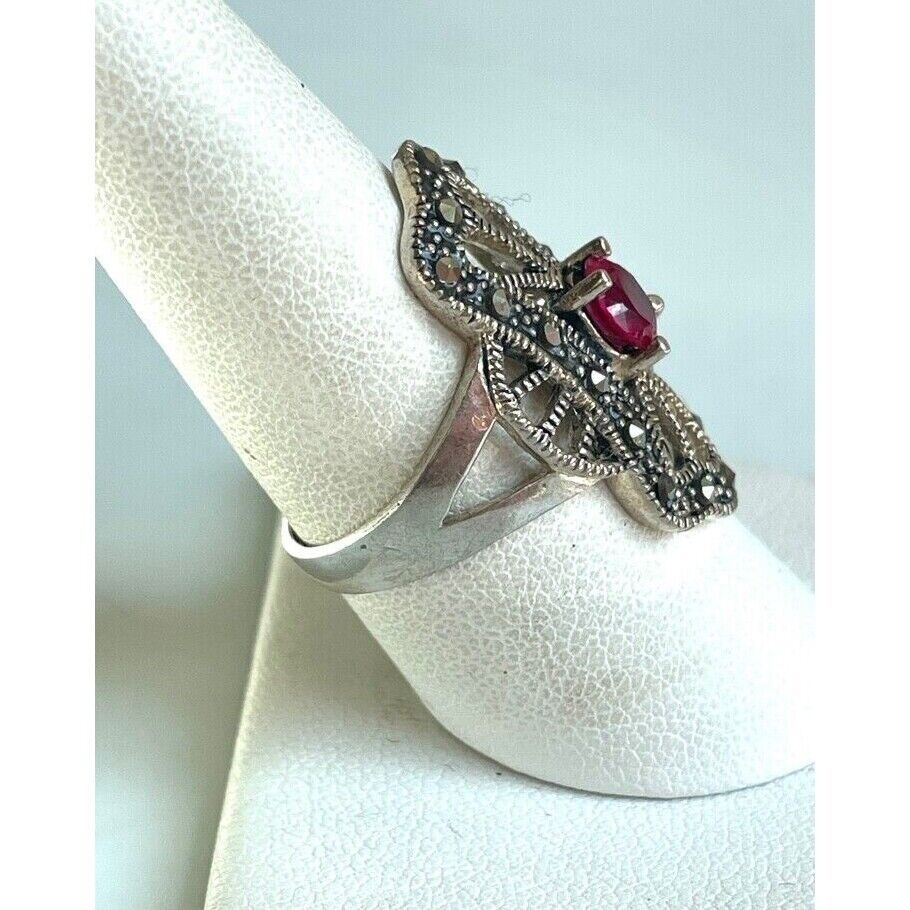 925 STERLING SILVER LAB-CREATED RUBY AND MARCASITES ART DECO STYLE RING SIZE SKY