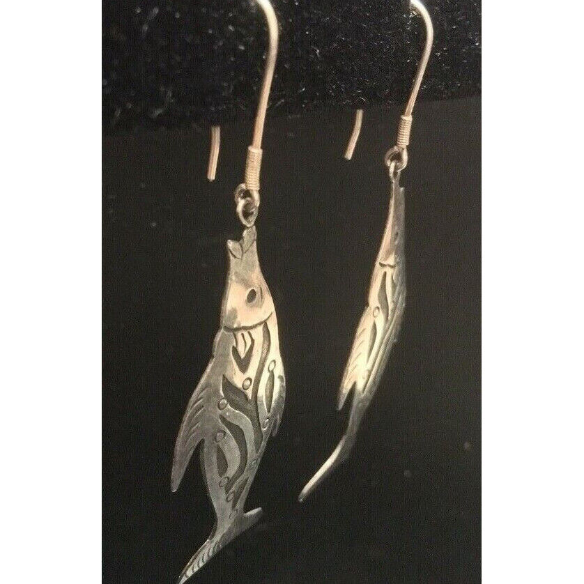 925 STERLING SILVER 2 1/2" LONG DANGLE FISH EARRINGS. SKY