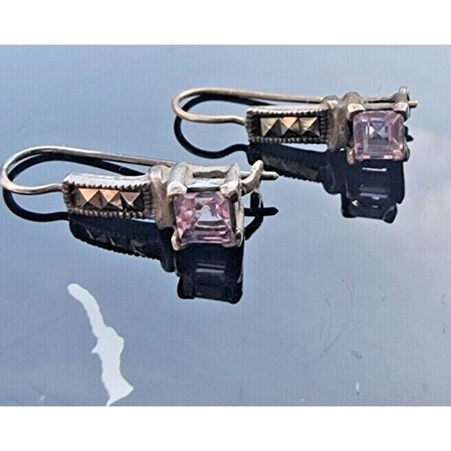 925 STERLING SILVER AMETHYST AND MARCASITES EARRINGS AT