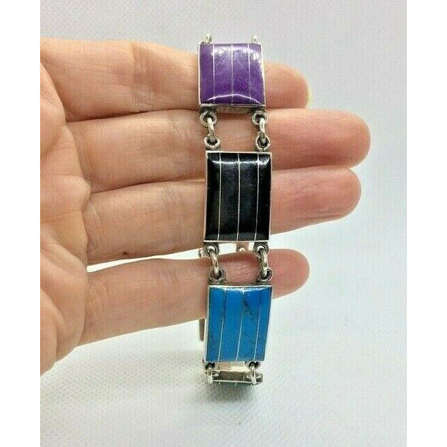 VINTAGE WIDE 925 STERLING SILVER MULTI-GEM LINK BRACELET SKY