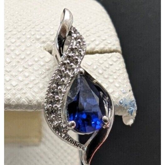 925 sterling silver pear shape blue  sapphire and white cz   earrings AT