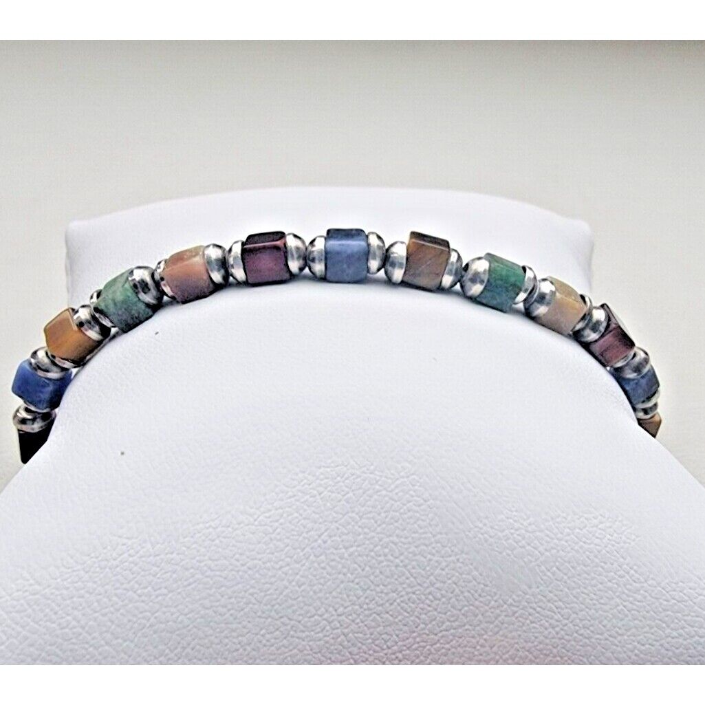 925 STERLING SILVER NATURAL MULTI GEMSTONE TOGGLE CLAPS CUBE BRACELET AT