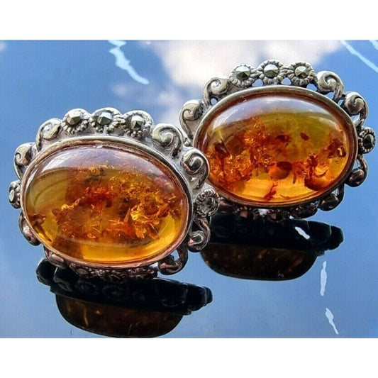 VINTAGE  GSJ  925 STERLING SILVER  BALTIC AMBER MARCASITE EARRINGS AT