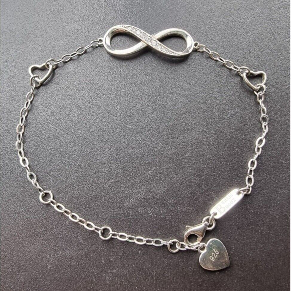 BILLIE BIJOUX DAINTY 925 STERLING SILVER INFINITY AND HEARTS BRACELET 8 inch AT