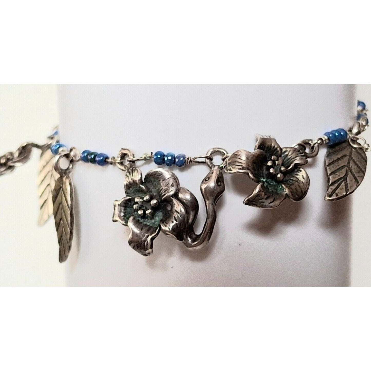 925 STERLING SILVER LEAVES,  FLOWERS  AND SNAKE BEADED CHARM BRACELET SKY