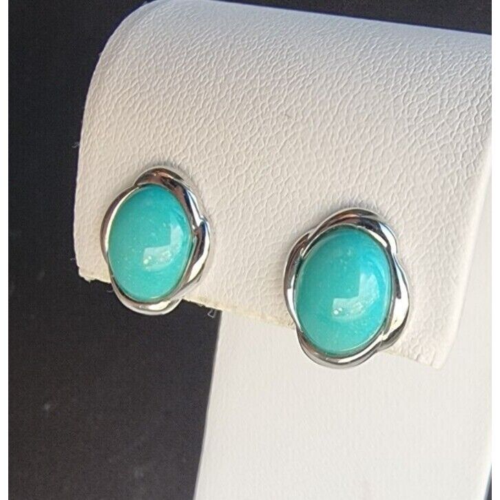 VINTAGE 925 STERLING SILVER NATURAL CABOCHON 10x8 mm. TURQUOISE STUD EARRINGS AT