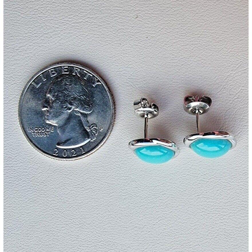 VINTAGE 925 STERLING SILVER NATURAL CABOCHON 10x8 mm. TURQUOISE STUD EARRINGS AT