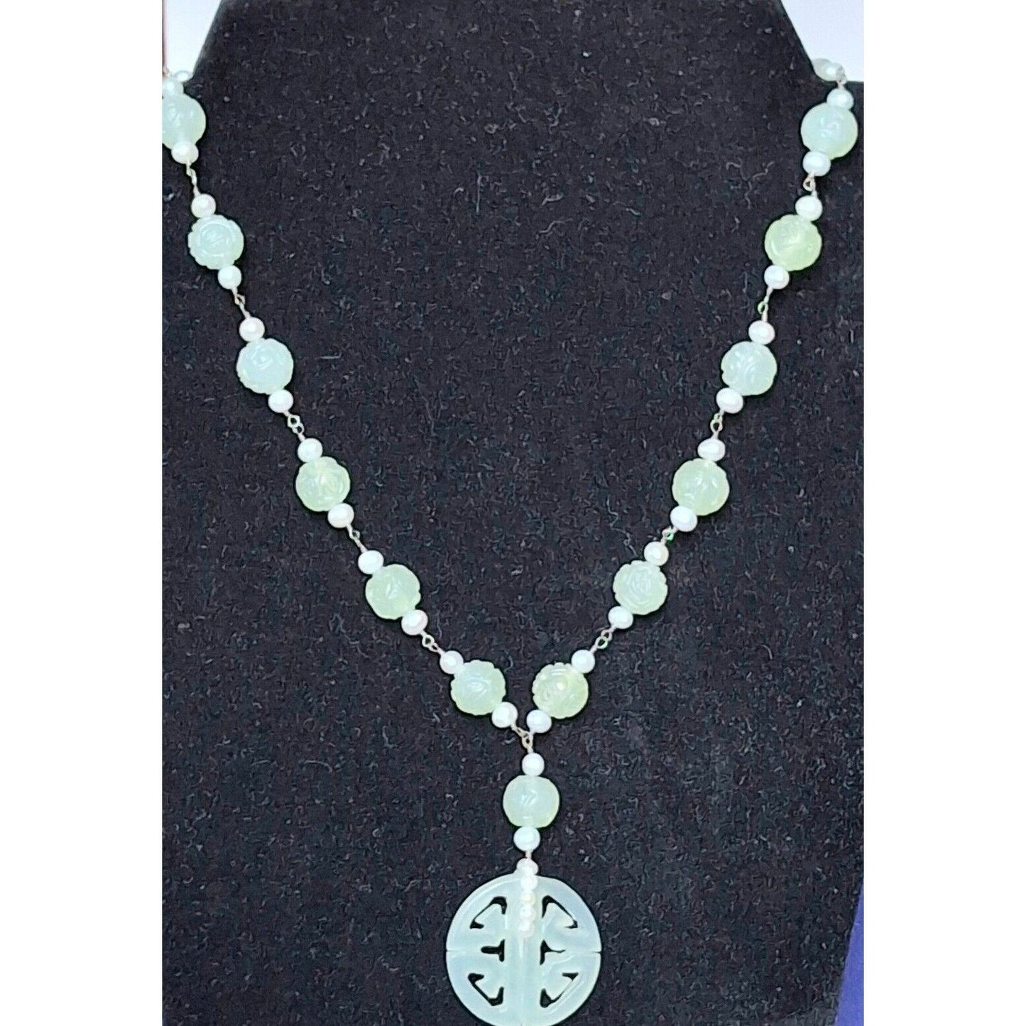 YUA-SAI 925 STERLING SILVER CURVED JADE  AND PEARLS  NECKLACE SKY