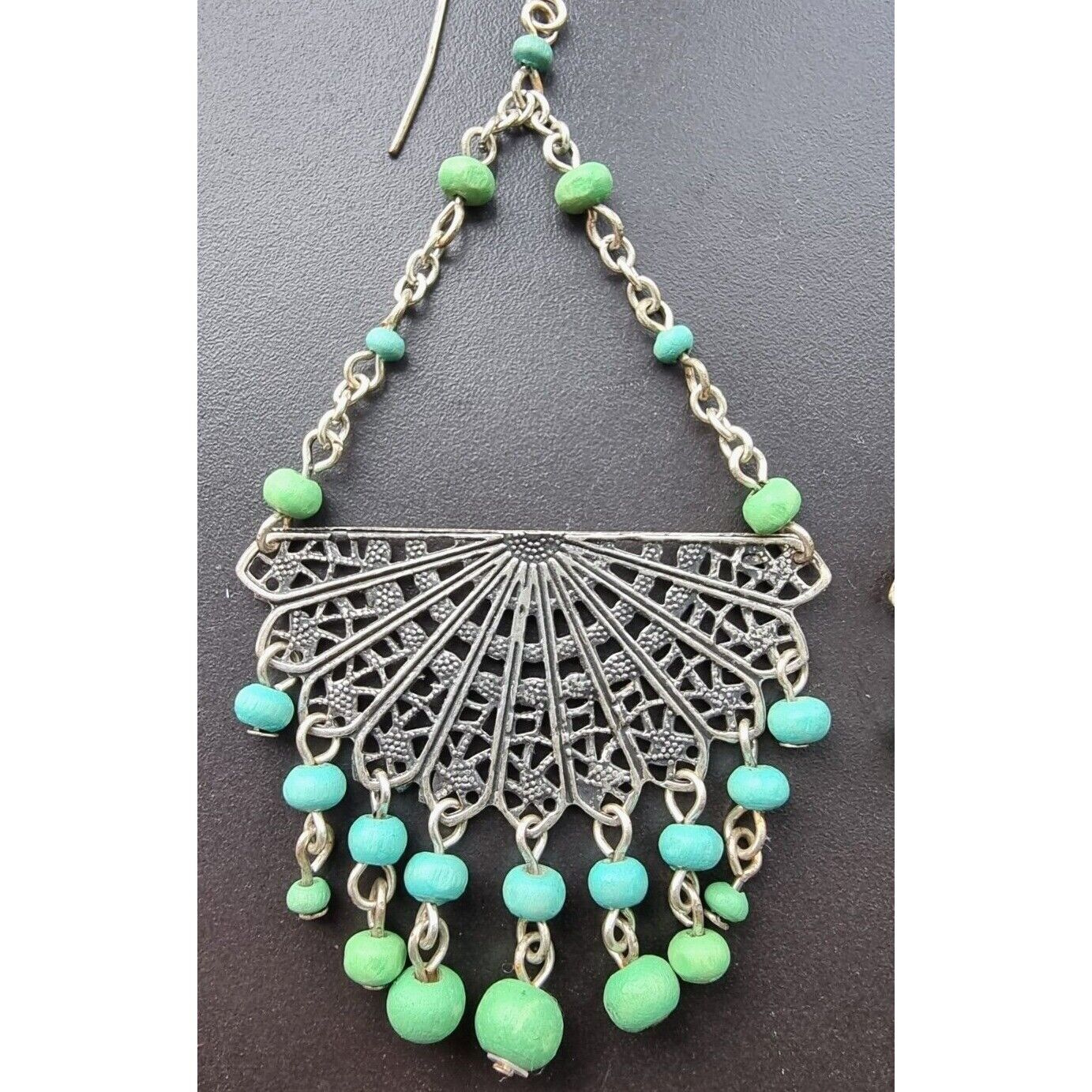 ETHNIC VINTAGE 925 STERLING SILVER WOOD  DROPS EARRINGS AT