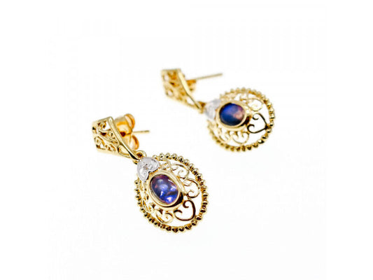 14K YELLOW GOLD MOONSTONE & DIAMONDS EARRINGS