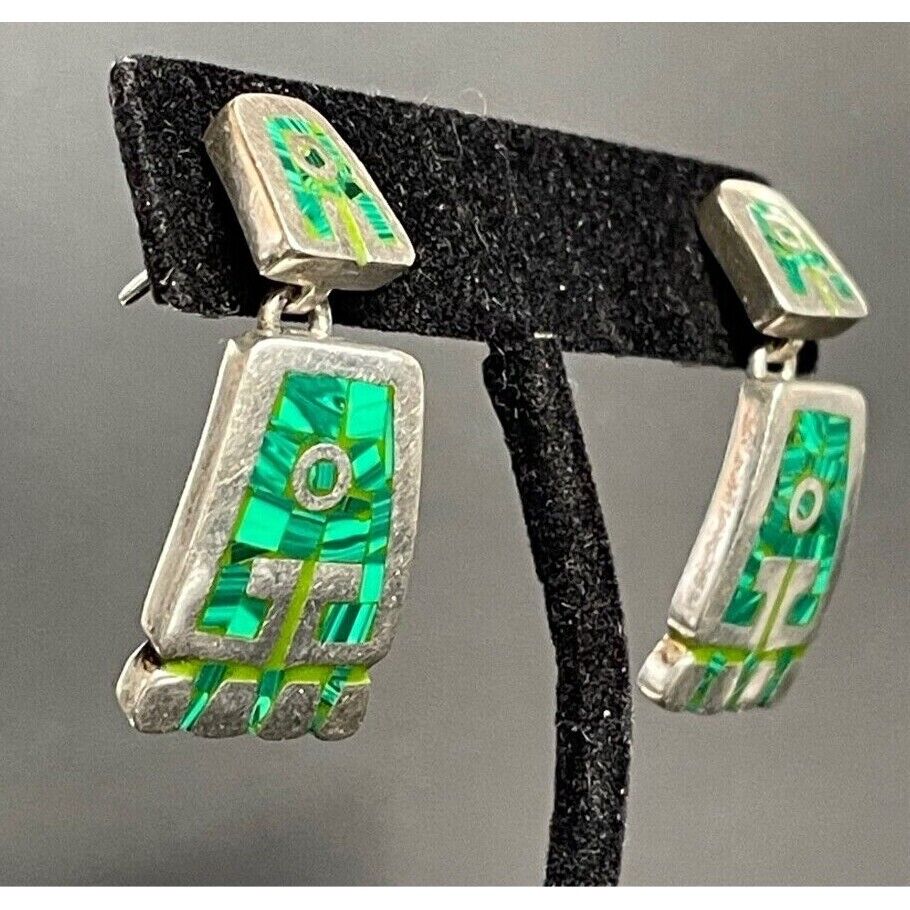 ESCORCIA OF TAXCO 950 STERLING SILVER  MALACHITE INLAYED EARRINGS SKY