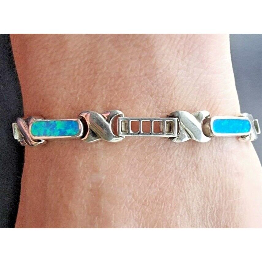 ELEGANT 925 STERLING SILVER INLAY BLUE OPAL BRACELET  7.5 INCH AT